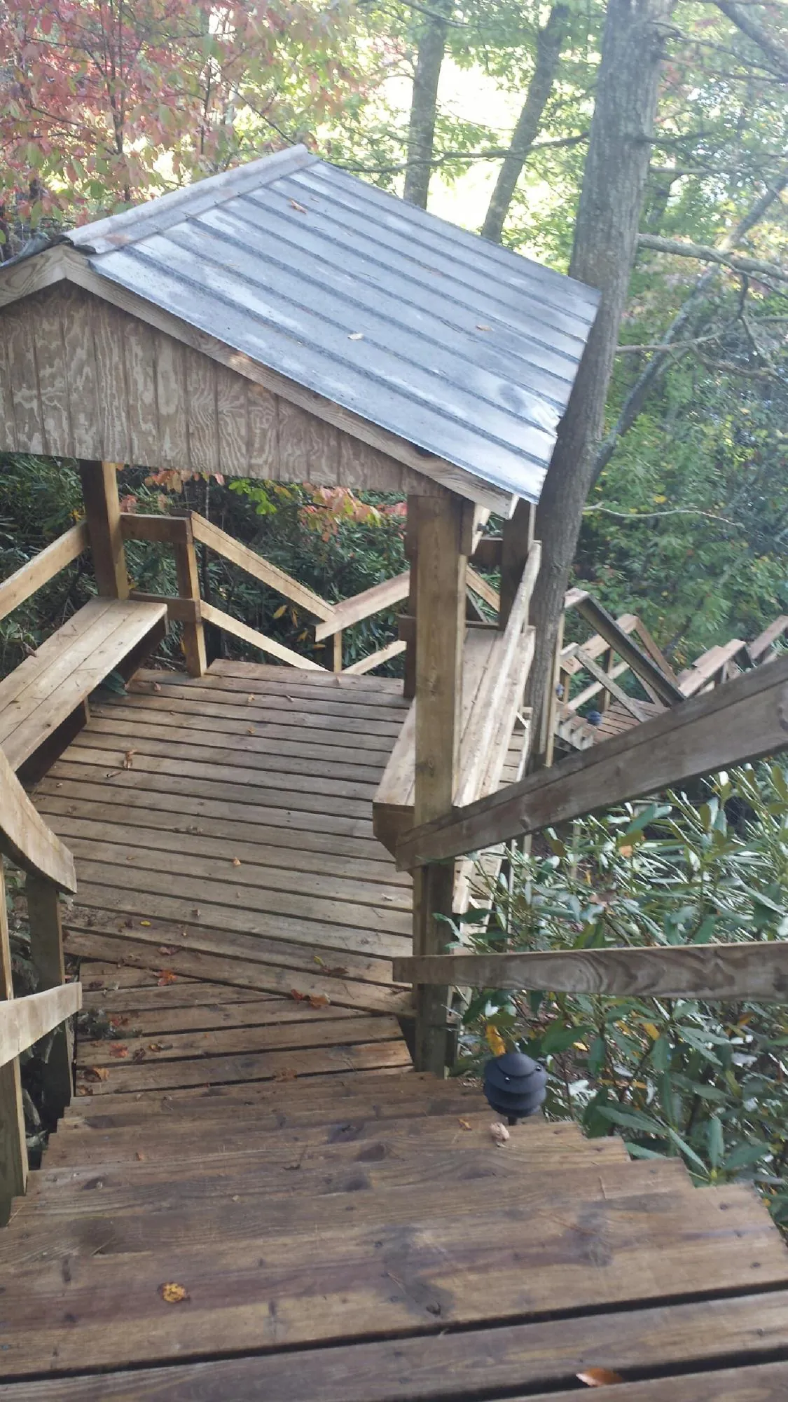 Metal roofed shelter over wooden steps on a wooded walkway — Skylight Repair & Installation work by our crew in Beaverdam